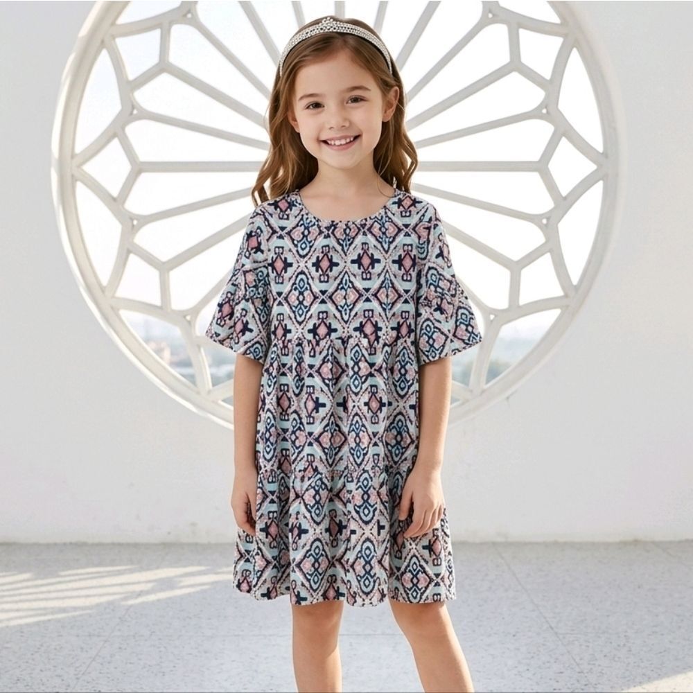 True Craft Girls 7 Tribal Print Flutter Sleeve Casual Tiered Full Dress Colorful